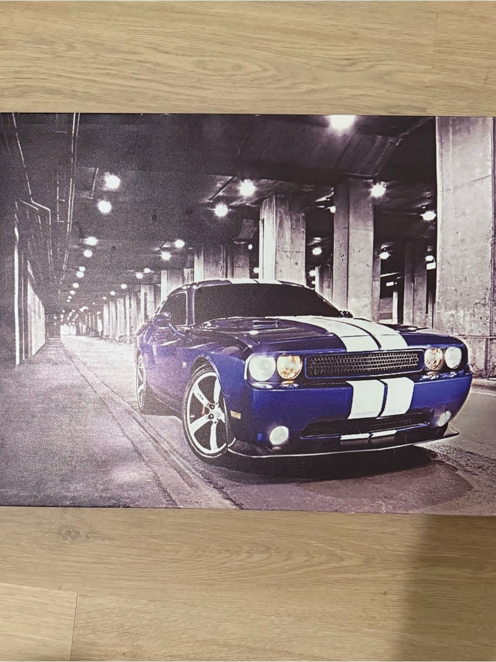 Blue Muscle Car Wall Art with White Racing Stripes 16 by 20
